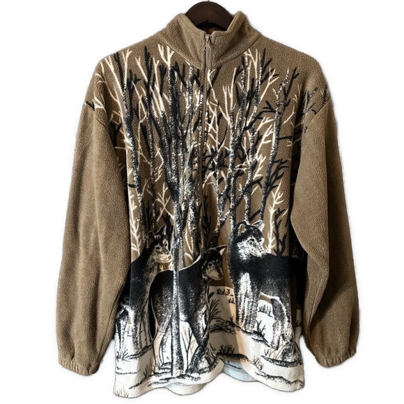 Nordic Adventure Wear Jackets & Blazers - Vintage Women’s Black Wolves Tan Fleece Teddy Zip-Up Jacket Nature Size XL